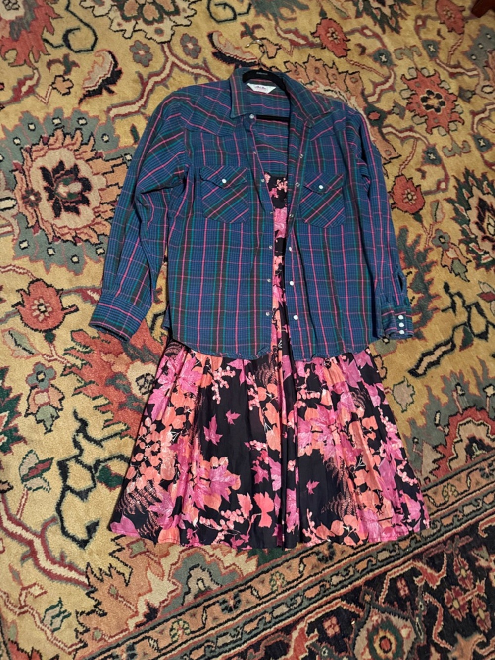 Floral Pink & Black Fit-and-Flare Dress with Plaid Shirt Layer